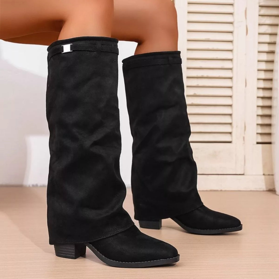 Botas elegantes para mujer hasta la rodilla con punta afilada y tacones bloque