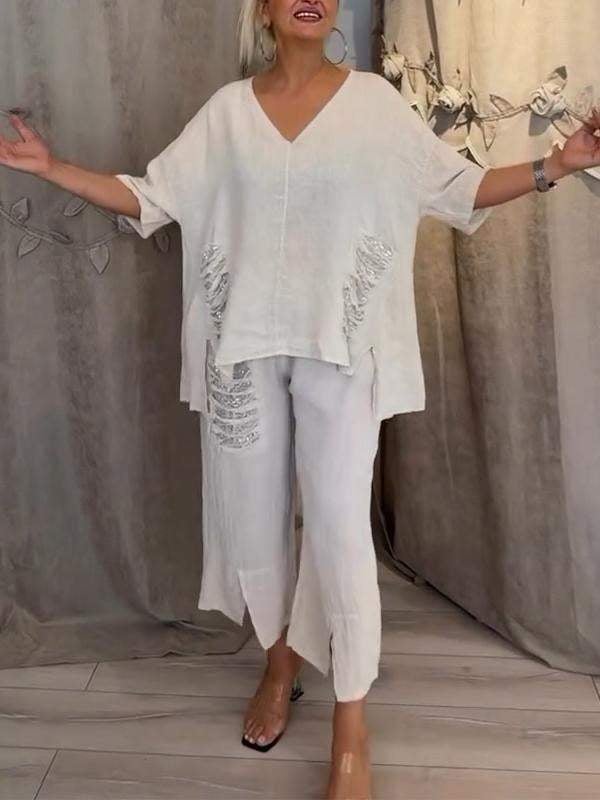V-Neck Top and Cropped Pants Set