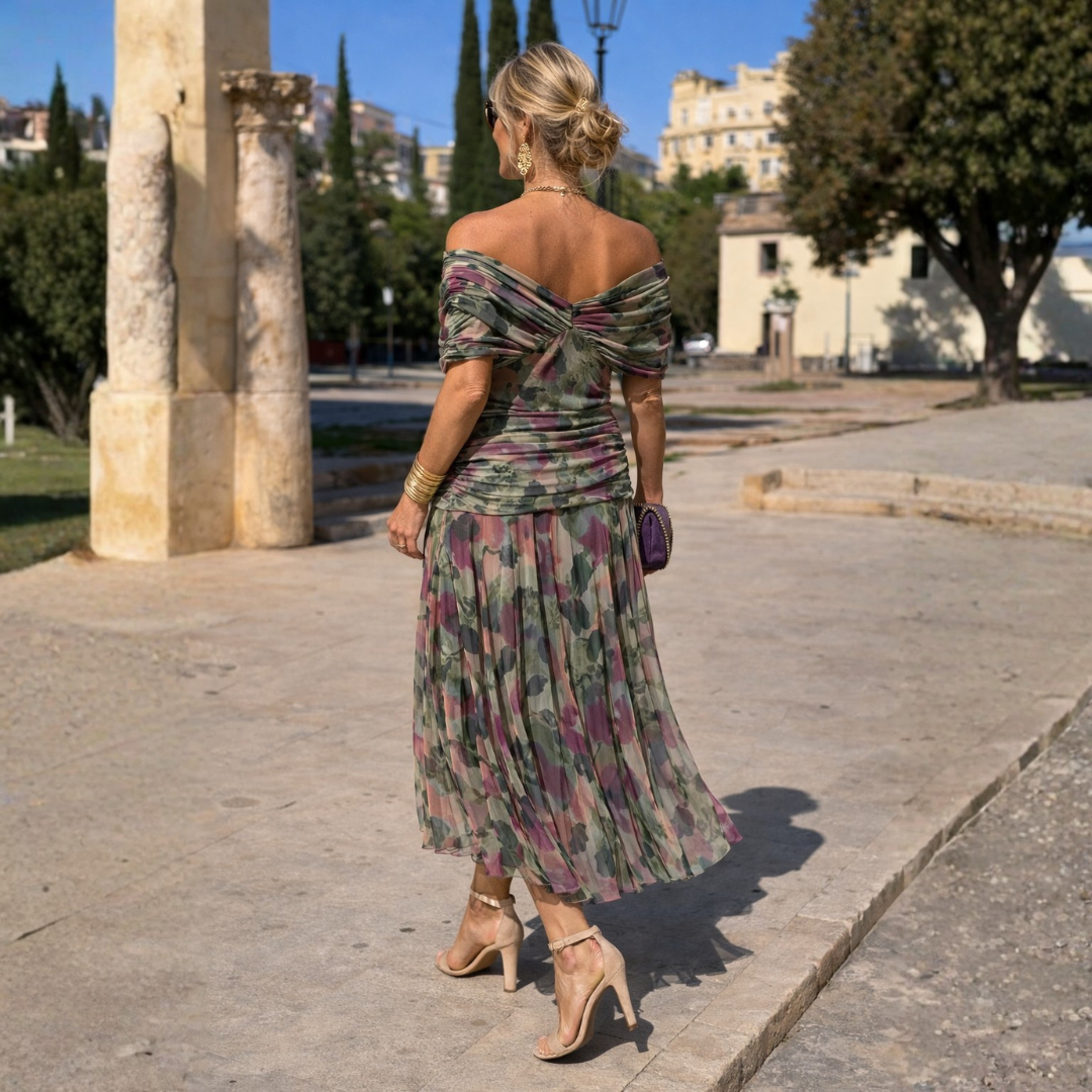 Vestido largo elegante con hombros descubiertos