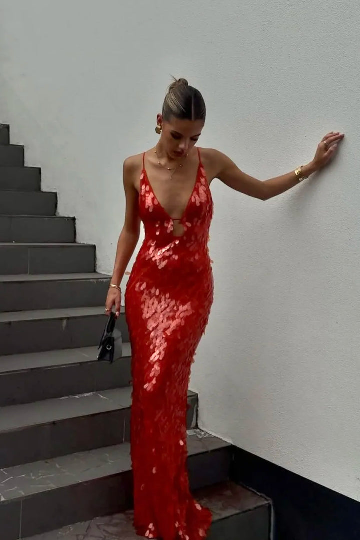 Sequin Backless Maxi Dress for Evening Celebrations