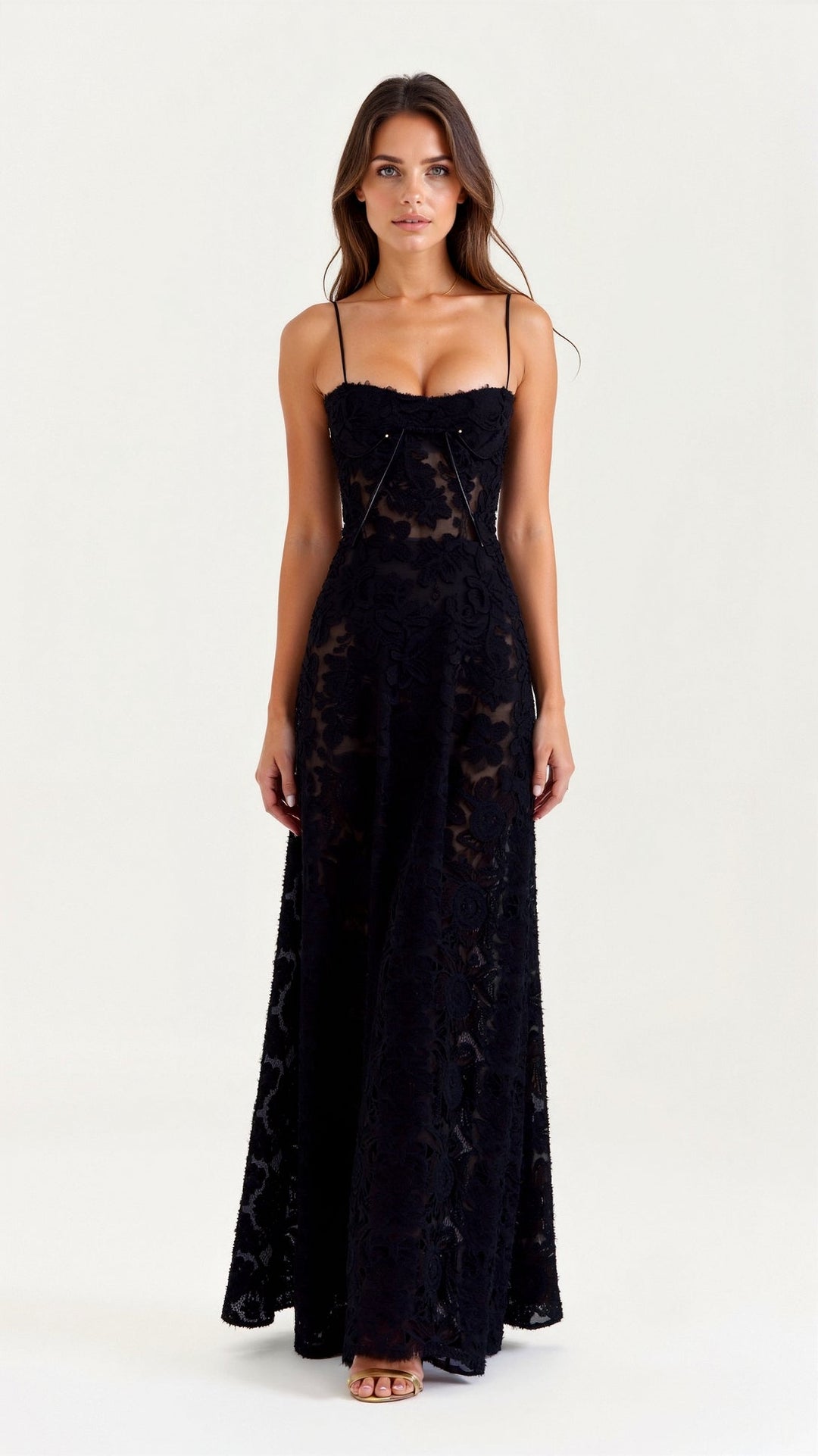 Dámské klasické výrazné dlouhé večerní formální šaty na ramínka pro svatební hosty