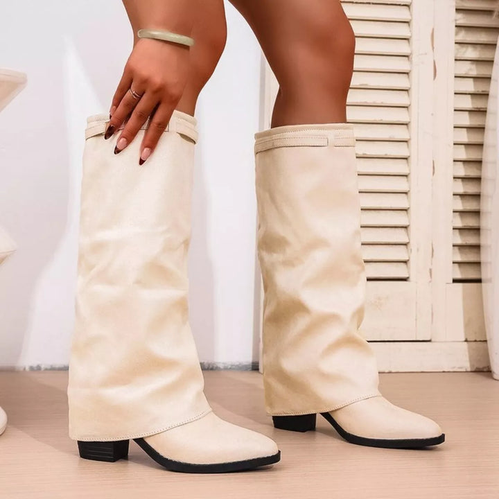 Botas elegantes para mujer hasta la rodilla con punta afilada y tacones bloque
