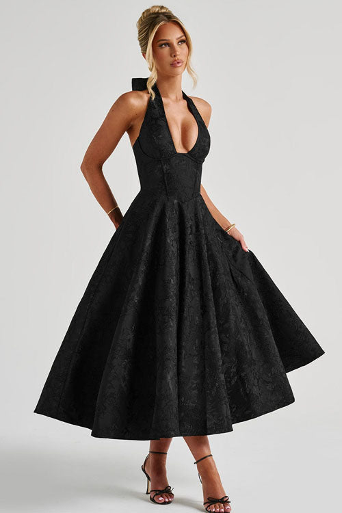 V-Neck Halterneck Jacquard Maxi Dress