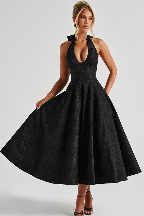 V-Neck Halterneck Jacquard Maxi Dress