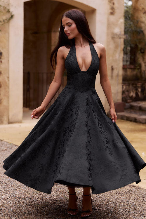 V-Neck Halterneck Jacquard Maxi Dress