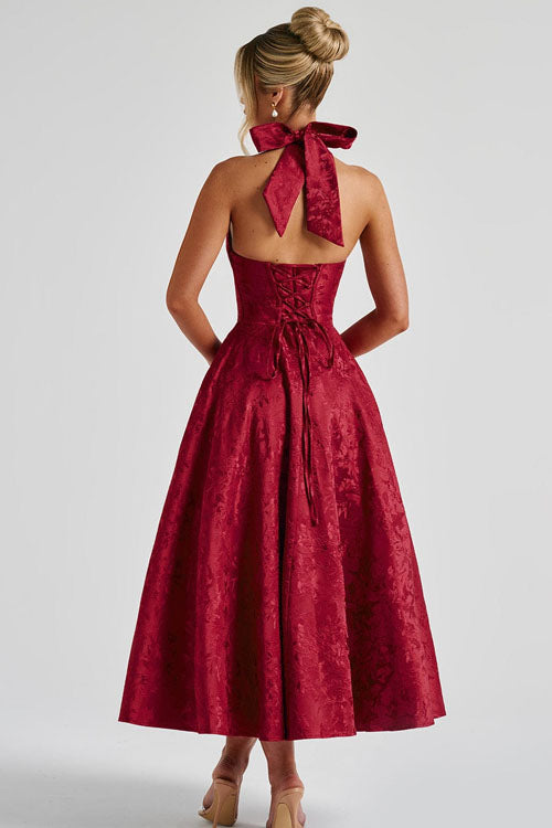 V-Neck Halterneck Jacquard Maxi Dress