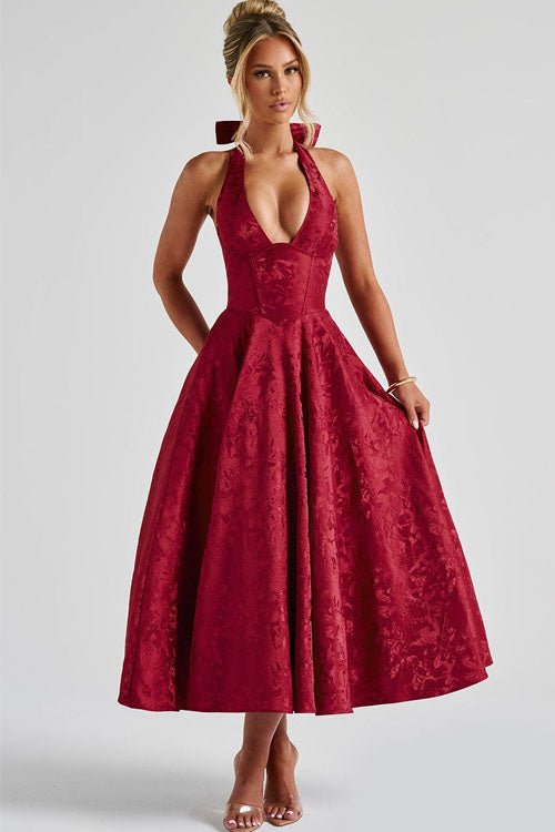 V-Neck Halterneck Jacquard Maxi Dress