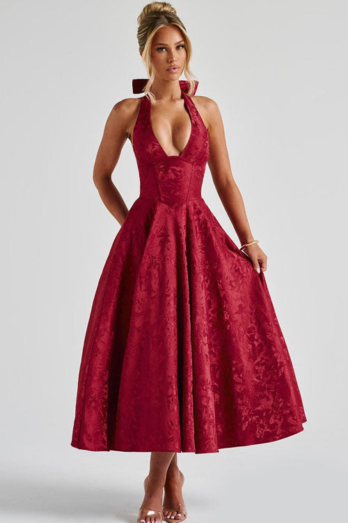 V-Neck Halterneck Jacquard Maxi Dress