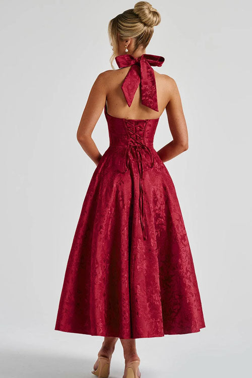 V-Neck Halterneck Jacquard Maxi Dress