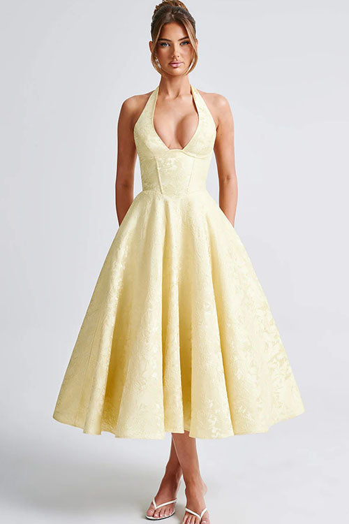 V-Neck Halterneck Jacquard Maxi Dress