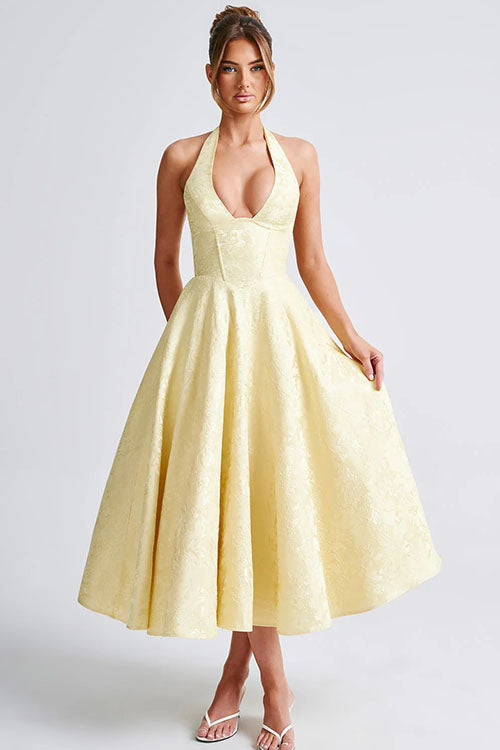 V-Neck Halterneck Jacquard Maxi Dress