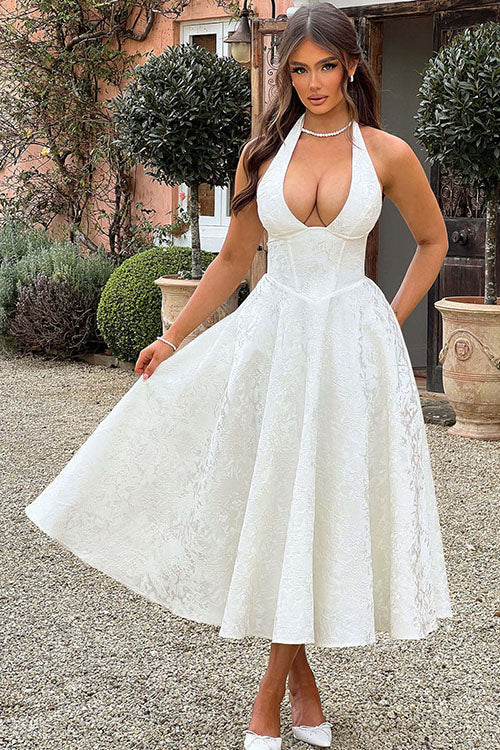 V-Neck Halterneck Jacquard Maxi Dress