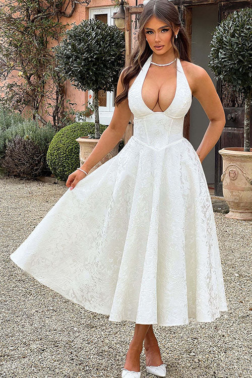 V-Neck Halterneck Jacquard Maxi Dress