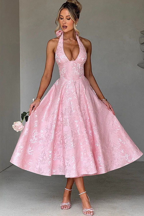 V-Neck Halterneck Jacquard Maxi Dress