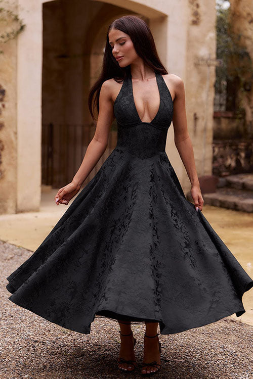 V-Neck Halterneck Jacquard Maxi Dress