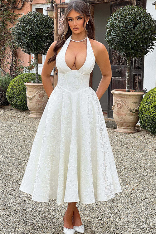 V-Neck Halterneck Jacquard Maxi Dress