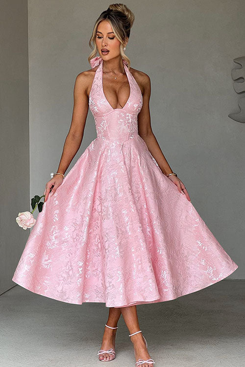 V-Neck Halterneck Jacquard Maxi Dress