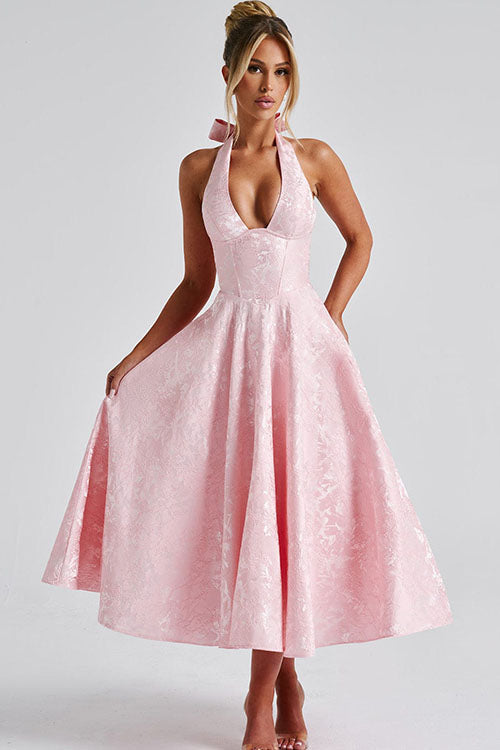 V-Neck Halterneck Jacquard Maxi Dress