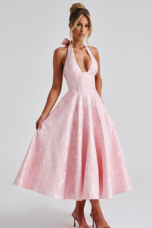 V-Neck Halterneck Jacquard Maxi Dress