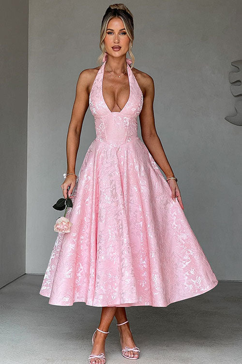 V-Neck Halterneck Jacquard Maxi Dress