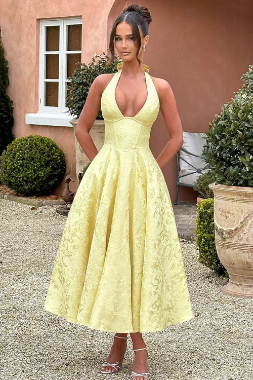 V-Neck Halterneck Jacquard Maxi Dress