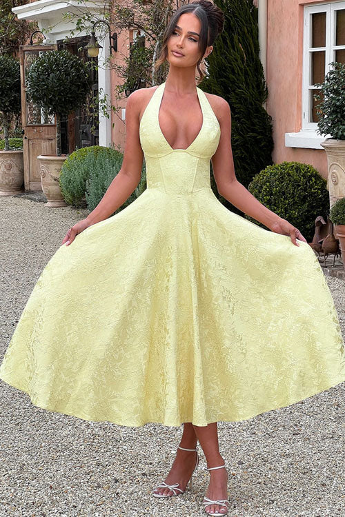 V-Neck Halterneck Jacquard Maxi Dress