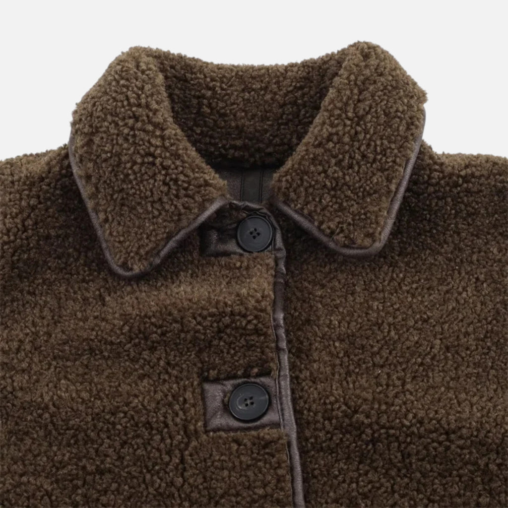 Women's Reversible Brown Teddy Jacket with Turn-Down Collar