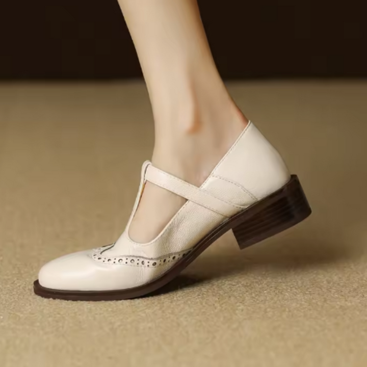 Leather T-Strap Block Heel Shoes
