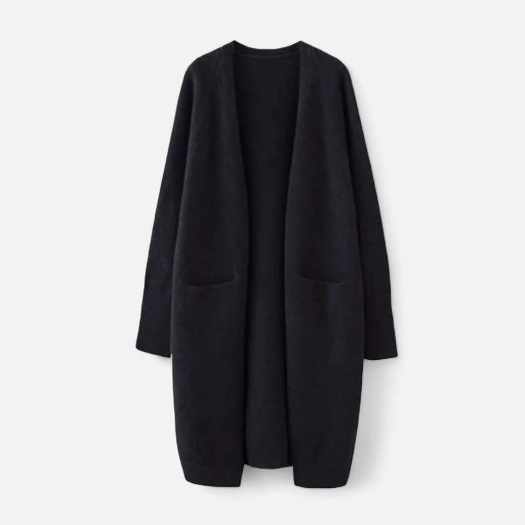 Women’s Warm V-Neckline Knitted Seasonal Long Cardigan with Functional Pockets