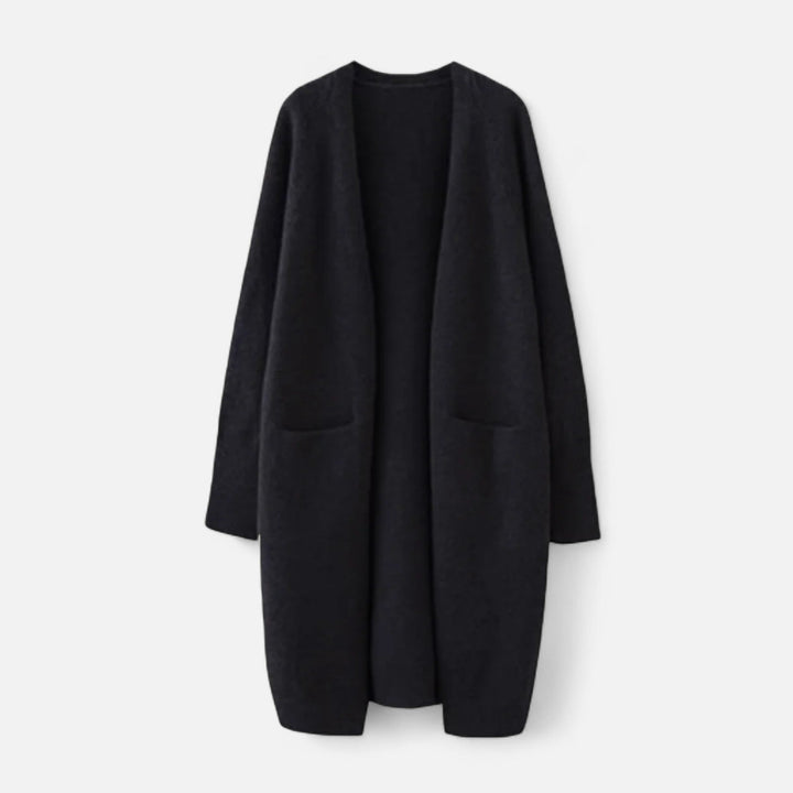 Women’s Warm V-Neckline Knitted Seasonal Long Cardigan with Functional Pockets
