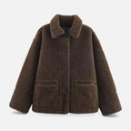 Women's Reversible Brown Teddy Jacket with Turn-Down Collar