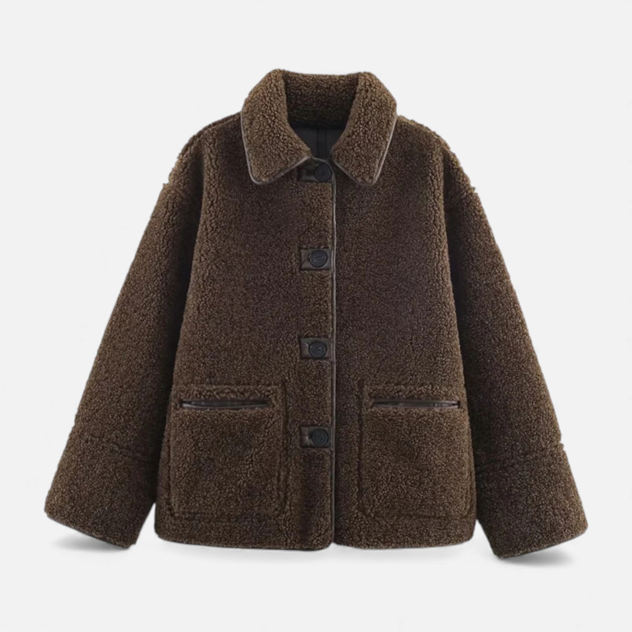 Women's Reversible Brown Teddy Jacket with Turn-Down Collar