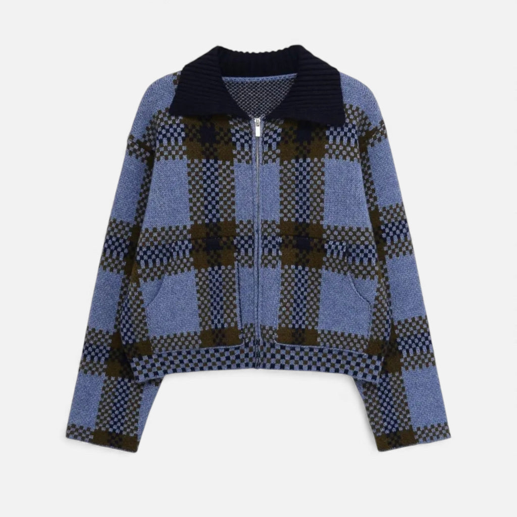 Women's Plaid Knitted Zipper Jacket with Turn-Down Collar