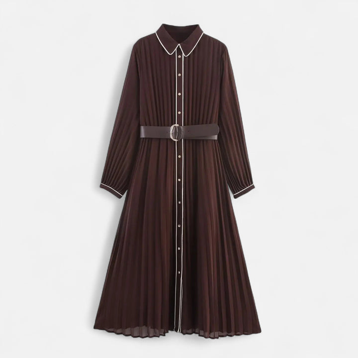 Vestito Midi da Donna con Maniche Lunghe in Chiffon e Colletto a Risvolto