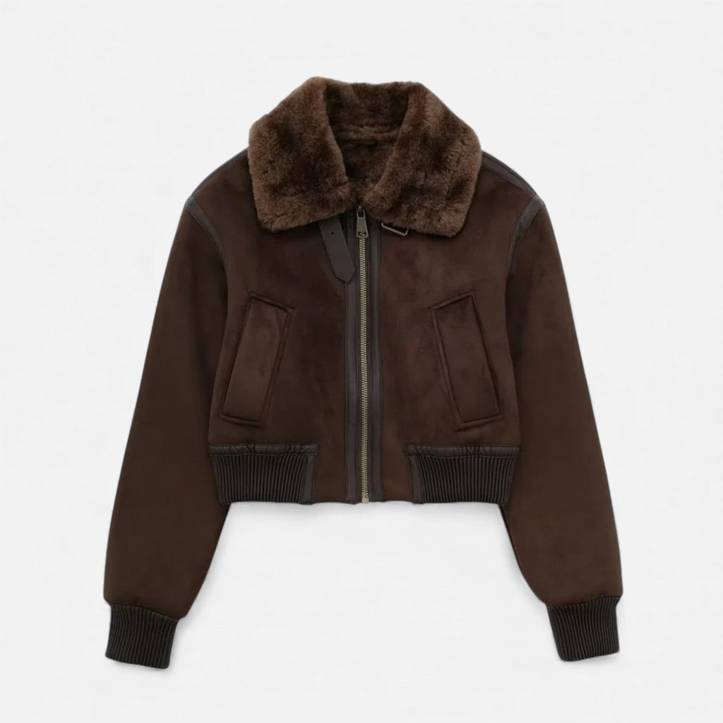 Women's Brown Bomber Jacket with Faux Fur Trim