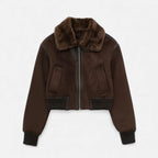 Women's Brown Bomber Jacket with Faux Fur Trim