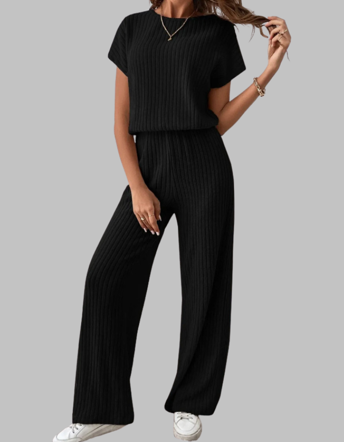 Ribbed Short Sleeve Wide-Leg Pants Set