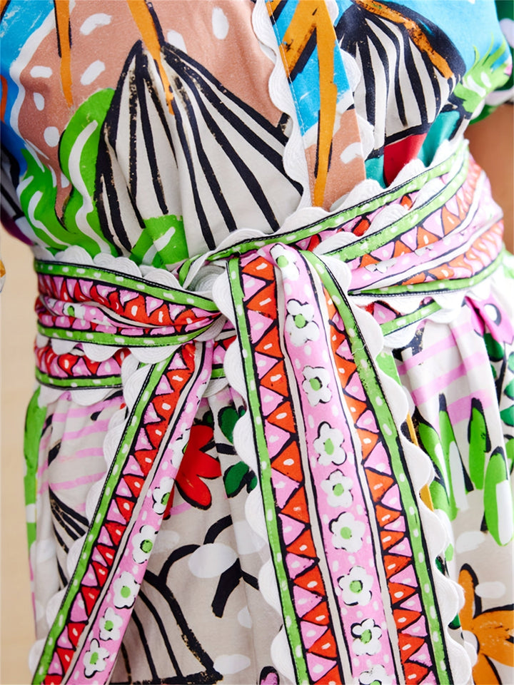 Women's Tropical Beach Midi Summer Dress with Lapel Neckline