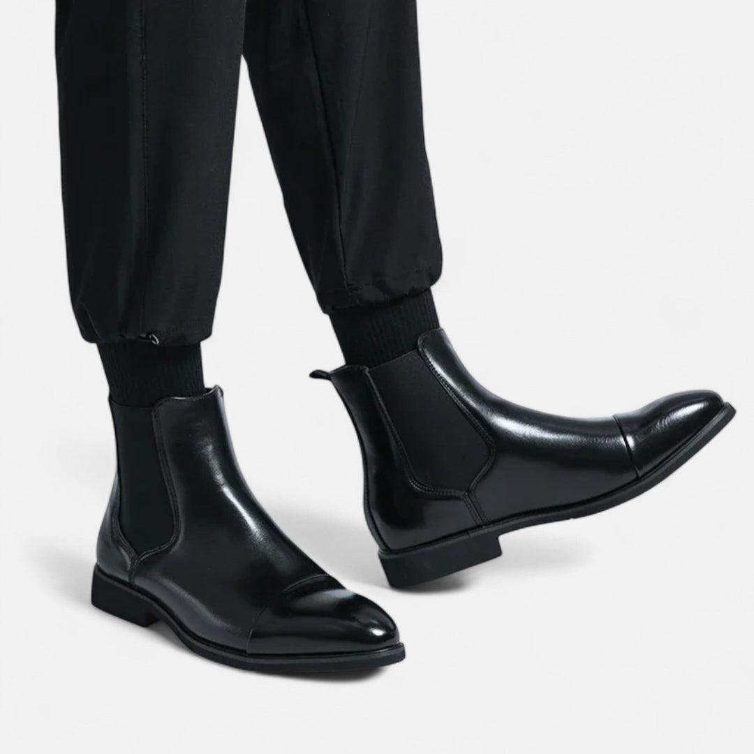 Men’s Retro Captivating Stable Chelsea Boots in Polished Black with Red Sole