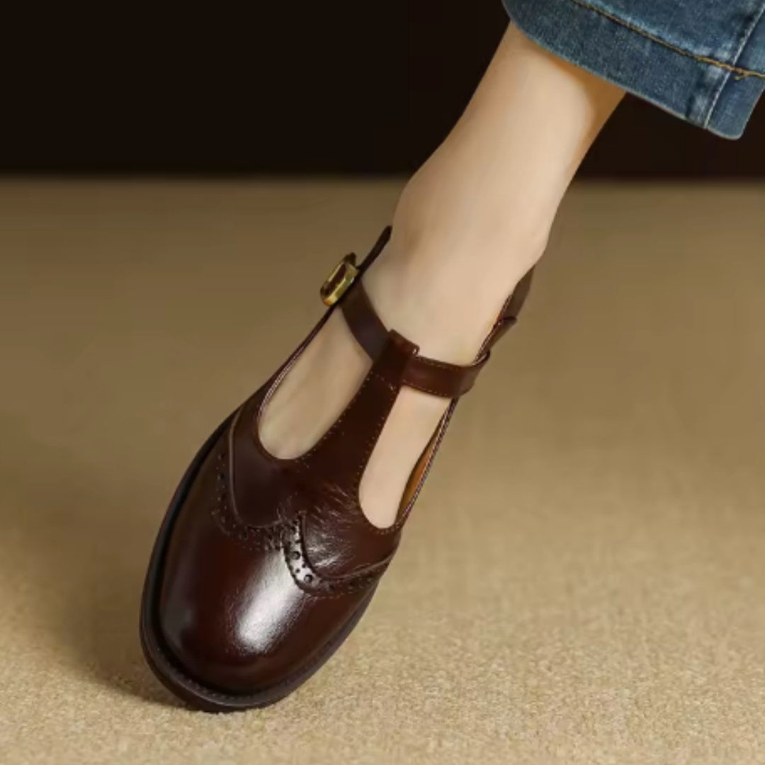 Leather T-Strap Block Heel Shoes