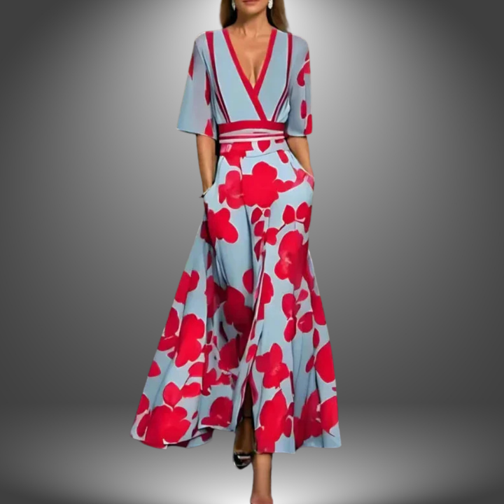 Vestido largo femenino de día con escote en V favorecedor y estampado floral soleado llamativo