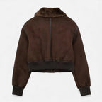 Women's Brown Bomber Jacket with Faux Fur Trim