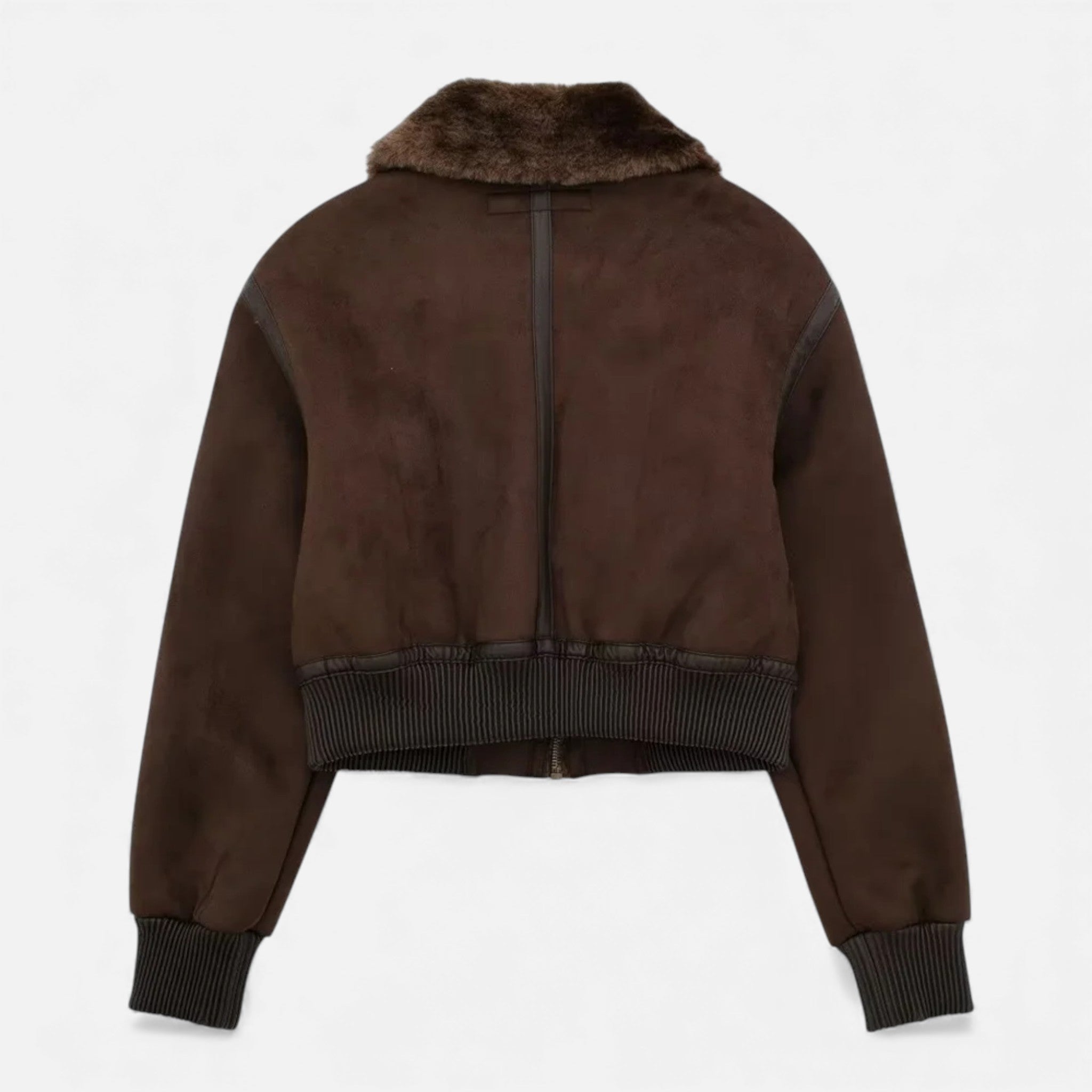 Women's Brown Bomber Jacket with Faux Fur Trim