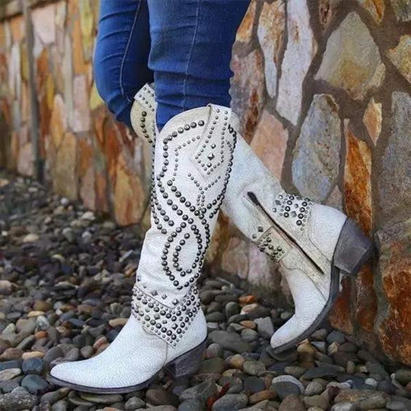 Botas gruesas y atrevidas para mujer hasta la rodilla con cremallera lateral y detalle de remaches