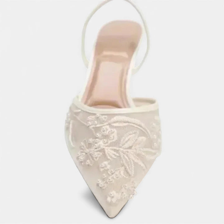 Women’s Elegant Airy Stable Formal Mesh Heels with Embroidered Floral Design