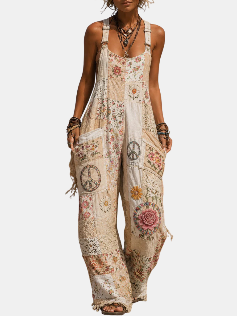 Foxglove | Retro Art Print Washed Patchwork Jumpsuit
