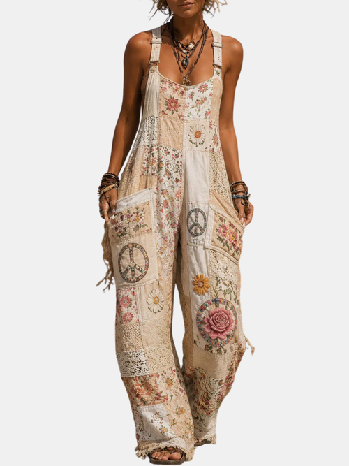 Foxglove | Retro Art Print Washed Patchwork Jumpsuit