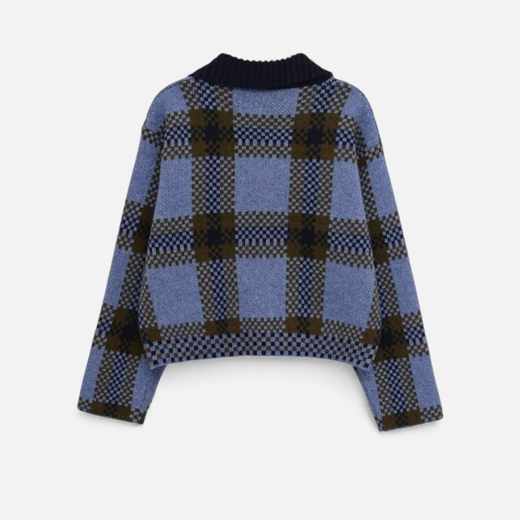 Women's Plaid Knitted Zipper Jacket with Turn-Down Collar