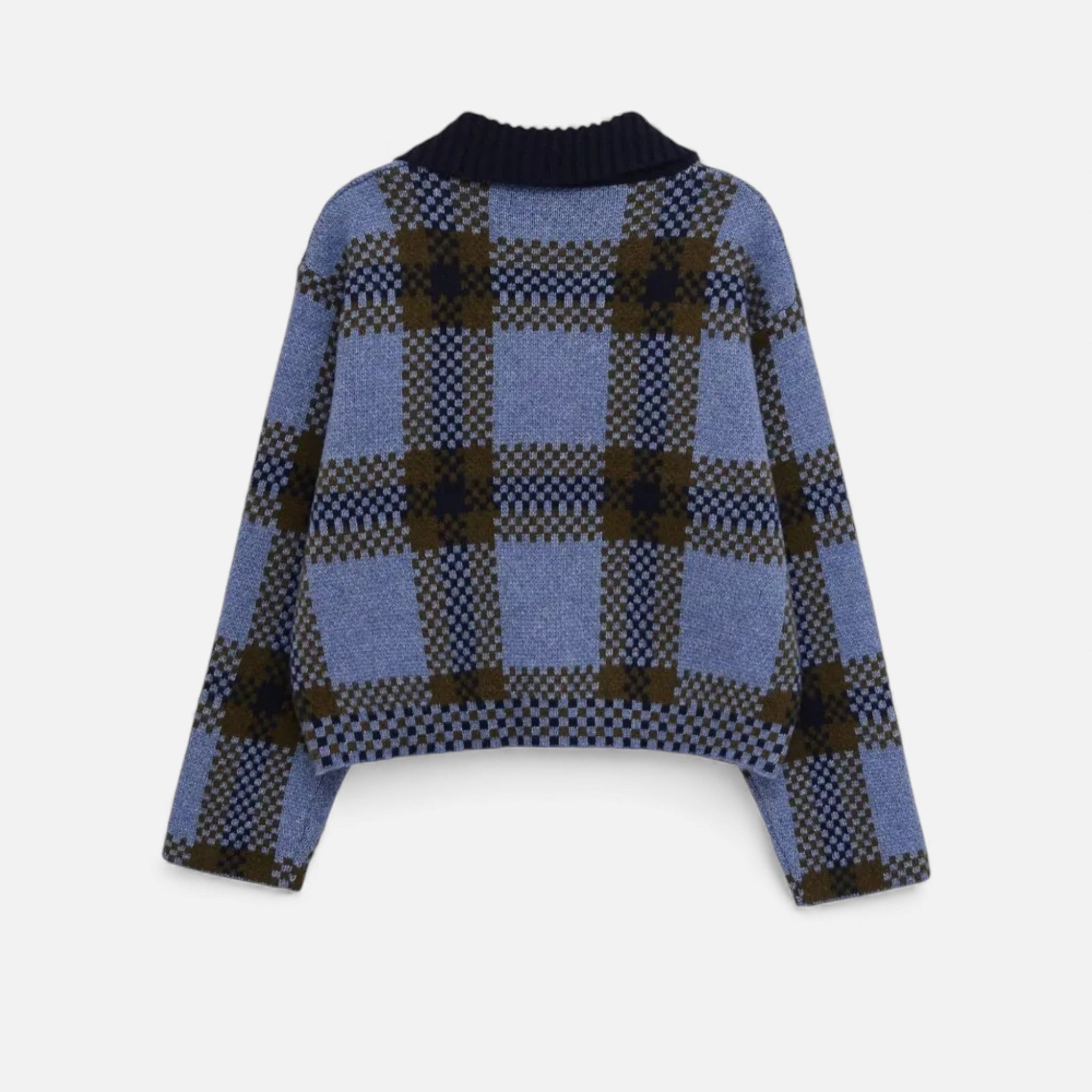 Women's Plaid Knitted Zipper Jacket with Turn-Down Collar
