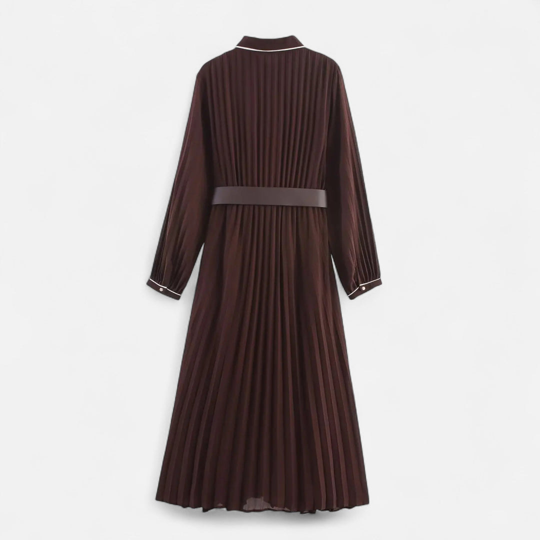 Vestito Midi da Donna con Maniche Lunghe in Chiffon e Colletto a Risvolto